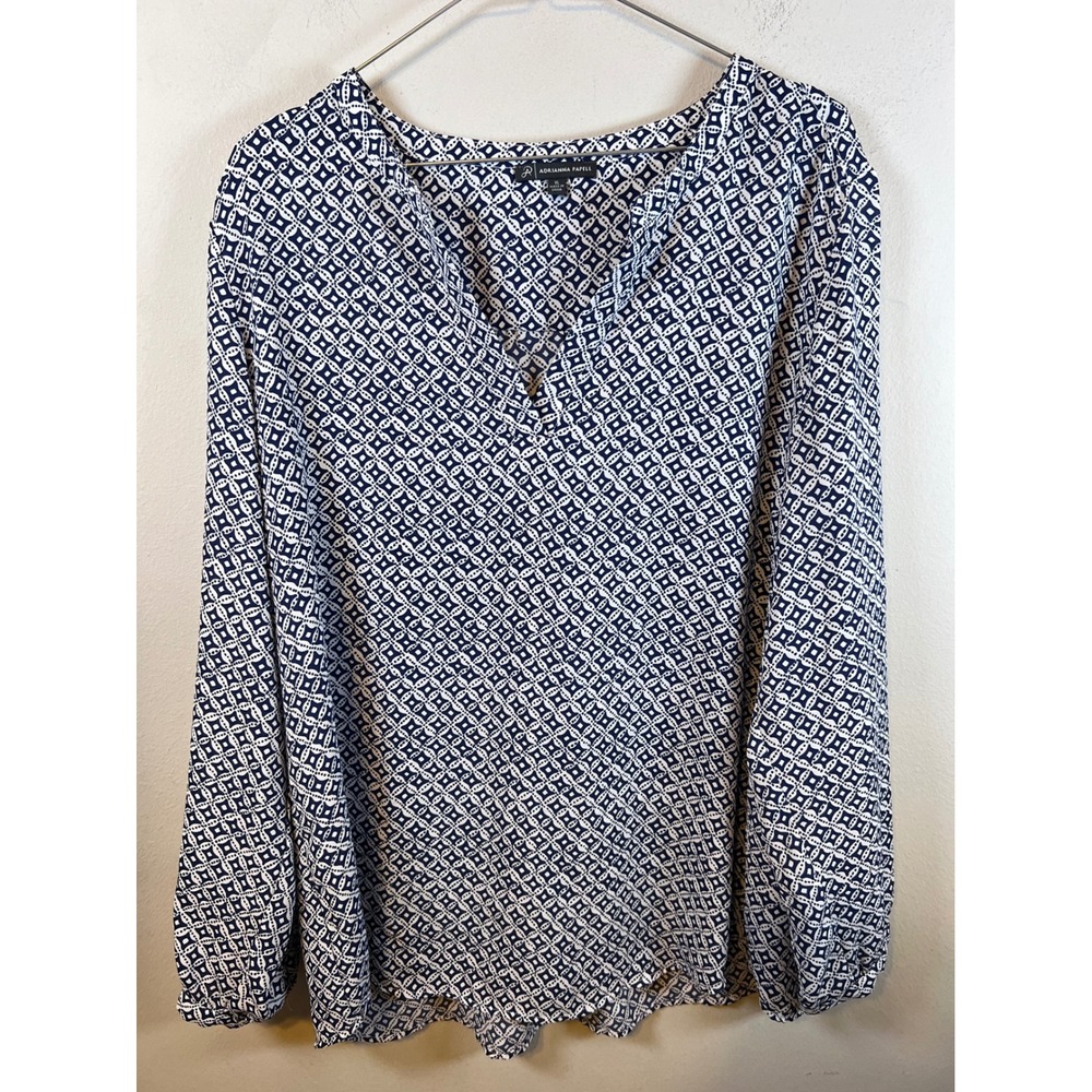 Adrianna Papell Womens Blouse Geometric Print Navy Blue XL